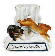 ANTIQUE STAFFORDSHIRE FIGURAL MATCH HOLDER HARE & HOUND YOURS IN HASTE picture