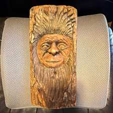 VTG Hand Carved Wooden Green Man Face Plaque Wall Art, Natural Wood Carving picture