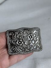 Belt Buckle Western Flower Swirl Design Ornate Rope Edge Silver Tone Made in USA picture