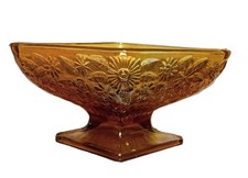 Vintage Carnival Glass Candy Dish Iridescent Marigold Pedestal Bowl Floral picture