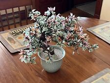 Vtg Chinese Jade Glass Stone Bonsai Floral Tree Large Pink Coral White Flowers picture