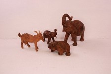 Miniature Hand Carved Wooden Animal Figurines Lot Elephant Bear Goat 4 Pc picture
