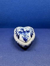 Vintage Heart Shaped Ceramic Delft Blue Lidded Holland Windmill Trinket Box picture