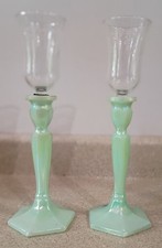 VTG Mosser Jade Green Candleholders Fenton USA Pair Opalescent Glass picture
