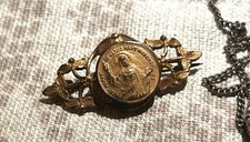 Antique Victorian Brass/ Gold Plate 2 Sided Religious Brooch/Pin Heart of Jesus picture