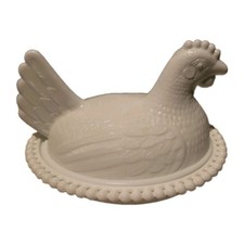 Vintage Indiana White Milk Glass Chicken Hen on Nest Covered Bowl Candy Dish picture