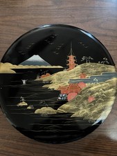 Vintage Shirokiya Japan Black Gold Lacquer Covered Hors d'Oeuvre Set Mt Fuji picture