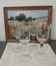 Set Of 4 Etched Glass Crystal Wine/Water Glasses Floral Design 6 1/2