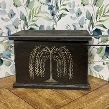 Primitive Weeping Willow Hand-Painted Wood Trinket Box Black Distressed 8x5.5 picture