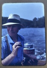1950s Red Border Kodachrome Slide Man Cigar Hat Johnson Sea-Horse Boat Lake picture