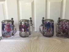 Vintage European Folk Art Glass Beer Steins Set of 4 Pewter Lids Horse Figural picture