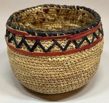 Vintage Native American Style Hand Woven Coiled Basket Red Black Leather Rim picture