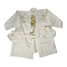 VTG Oriental Dragon KIMONO Robe L Polyester White Gold Authentic 1950s 60s 70s picture