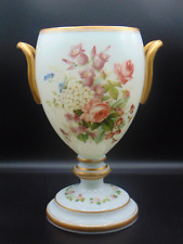 Signed Josephinenhütte Antique Opaline Hand Painted Floral Art Glass Urn Vase picture