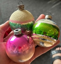 Set of 3 Shiny Brite Ornaments Striped Mica Ombré  Pink Green White Silver Gold picture