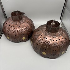 Pair Vintage Artesanos Mexico Punched Copper Pendant Lights 15