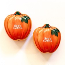 See's Candies Tins Orange Pumpkins Thanksgiving Pair Good Condition picture