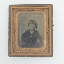 Antique 1/9 Plate Tintype Photo Young Boy Seated Portrait Ornate Gilt Frame picture