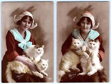 1910's RPPC SET/2 WHITE FLUFFY CATS DUTCH GIRL HAND COLORED REGINA POSTCARD picture