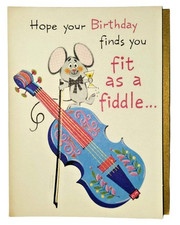Vintage American Greetings Birthday Card Mouse Fiddle Drum Mid Century 15 B 441- picture