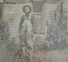 Antique RPPC c1910 Old Farmer Overalls Hat Rural Americana VELOX Photo Postcard picture