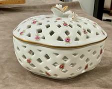 Limoges France Reticulated Lattice Porcelain Trinket Box Pink Roses Gold NOS picture
