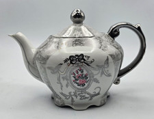 Vintage Enesco 25th Silver Anniversary Teapot Porcelain Pink Rose Silver Overlay picture