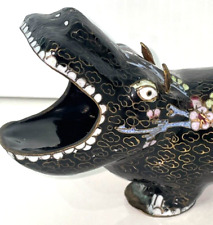 VTG House Hippo Chinese Cloisonné Open Yawn Black Floral 5.5