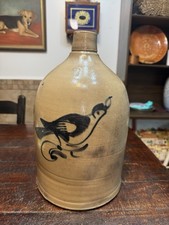 Antique 2 Gal Salt Glaze Stoneware Jug Cobalt Blue Bird 19th Century picture