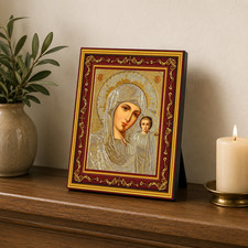 Orthodox Virgin of Kazan Byzantine Burgundy Wooden Framed Icon for Home Decor picture