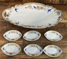 ANTIQUE NIPPON HAND PAINTED PORCELAIN CELERY DISH & SALT CELLARS BLUE SWALLOWS picture