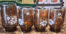 (4) 1970s Vintage Libbey Glasses Camellia Daisy Tawny Brown BARELY USED Perfect  picture