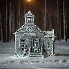 VTG Carson Pewter SCHOOL HOUSE Christmas Holiday Village 2 Sided Puppy Snowman picture