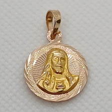 14K Solid Yellow Gold Jesus Sacred Heart & Virgin Round Medal Pendant 2  in 1. picture