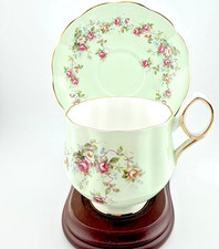 Rosina Fine Bone China Teacup Saucer Pale Green Rose Garland Gold Trim England picture