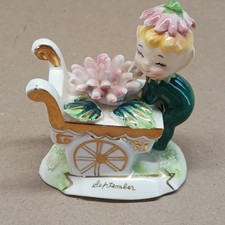 Vintage 1950's Norcrest Pixie Elf On Flower Cart Aster September  picture