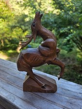 Vintage Hand Carved Wood Rearing Deer Buck Stag Figurine Antlers Statue 7 inch picture