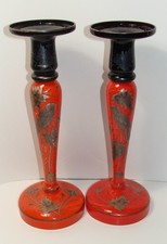 Vtg Czechoslovakia Glass Candlestick Pair Overlay Birds Floral Tango Orange 11