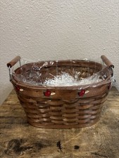 Vintage Oval Woven Basket With Handles Painted Apples Farmhouse Cottage Core picture