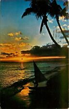 Sunset Sunkissed Beach in Hawaii sailboat pm 1971 coconut palms Postcard picture