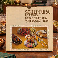Kromex Sculptura Double Tidbit Tray VINTAGE Chrome Walnut Trim MCM NOS picture