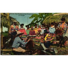 Vintage 1951 Fur Trading Everglades Florida Seminole Indians Linen Postcard DC21 picture