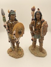 Two Native American Indian Sculpture Indian Warrior w Buffalo Headdress picture