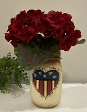 Vtg Primitive Americana Flag Heart Jar Vase Red Floral Arrangement Farmhouse picture