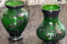 Antique Green  Murano Glass Vases Silver Overlay Bo arg. 925% miniature PAIR picture