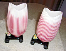 2 Vtg Vases Art Deco Black Base White Pink Ombre Rose Buds picture