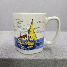 Otagiri Fishing Boat Seagulls Beach Ocean Sailboat Vintage Japan Coffee Mug Cup picture