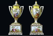 Antique Pair Of Small Porcelain Amphora Vases Lids Dresden Gild Germany Rare19th picture