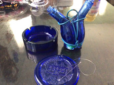 Cobalt Blue Glass 3 pcs Ashtray Embossed suncatcher salt pepper set Bottles vint picture