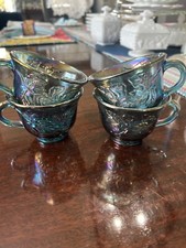 Vintage Indiana Glass Princess Blue Carnival Glass Punch Teacup Set of 4 picture